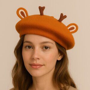 Handmade Caramel Reindeer Buck Ears Beret Adult Size Hat Vintage Painter Wool